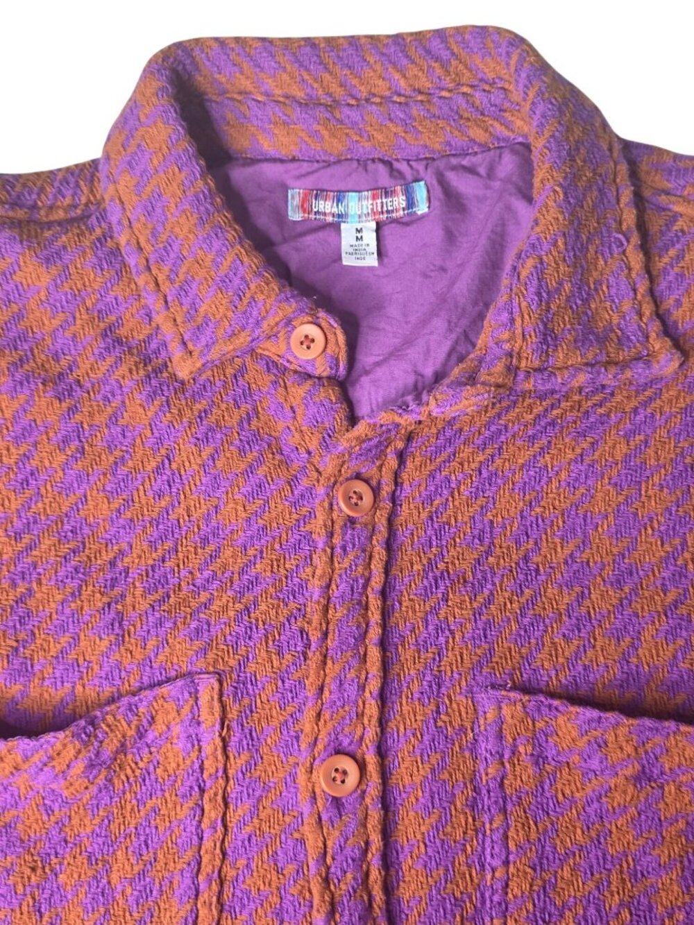 Urban Outfitters Purple & Orange Houndstooth Button-Up Shirt Jacket Size M Cotto